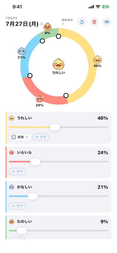 円グラフで気分の割合を配分している記録画面